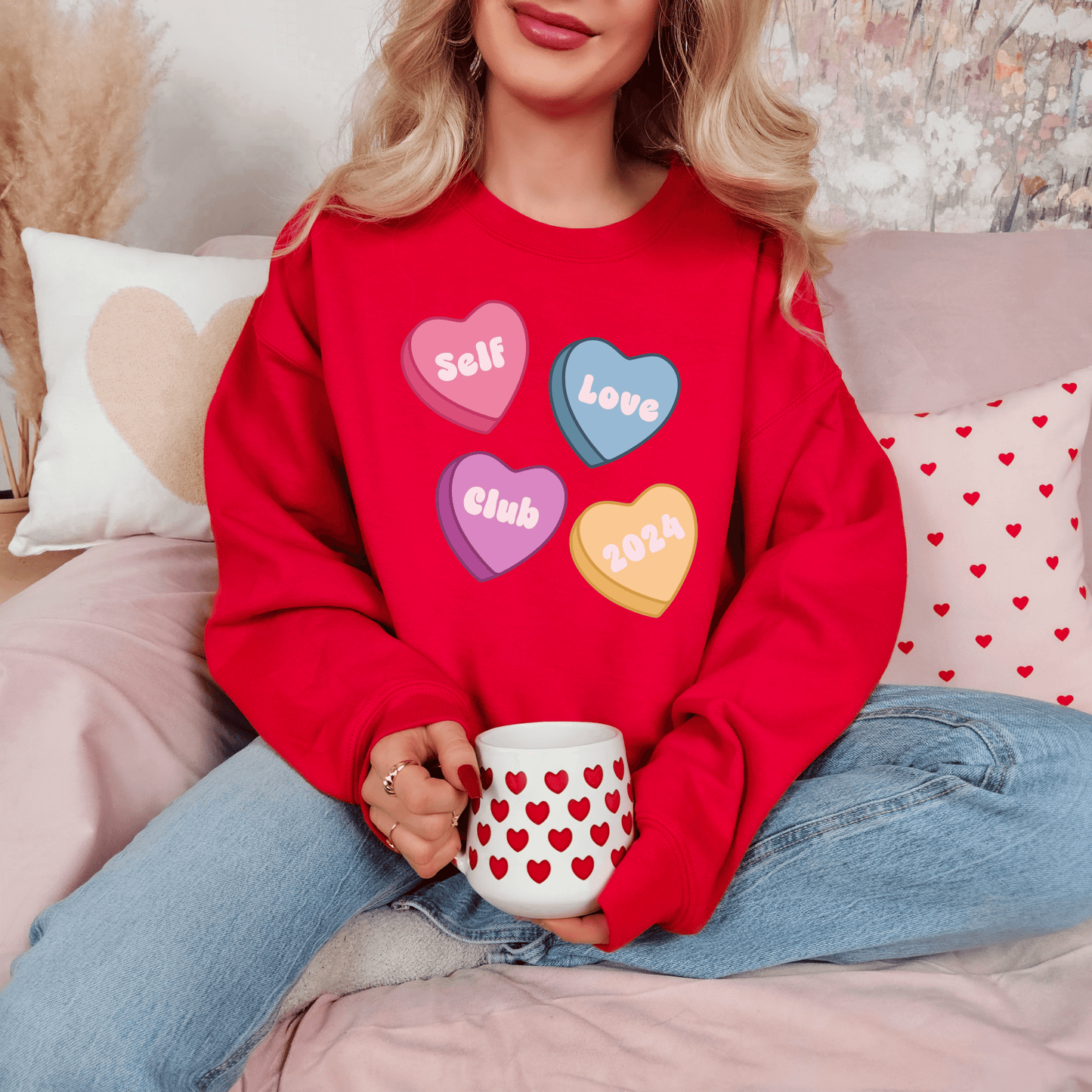 Custom Self Love Valentine Sweatshirt, Self Care Gift, Personalized Valentine's Sweatshirt, Sleeve Print, Aesthetic VSCO Conversation Hearts