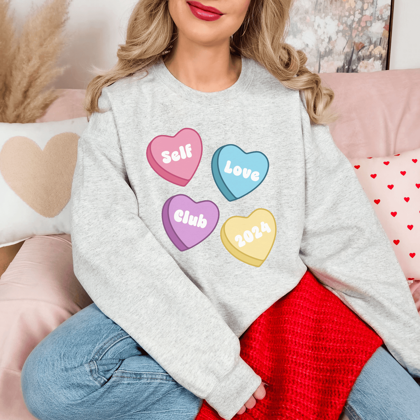 Custom Self Love Valentine Sweatshirt, Self Care Gift, Personalized Valentine's Sweatshirt, Sleeve Print, Aesthetic VSCO Conversation Hearts