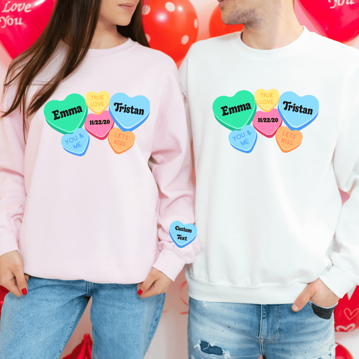 Custom Couples Valentine Sweatshirt, Matching Valentine's Sweatshirt, Personalized Valentine Sweatshirt, Aesthetic VSCO Conversation Hearts