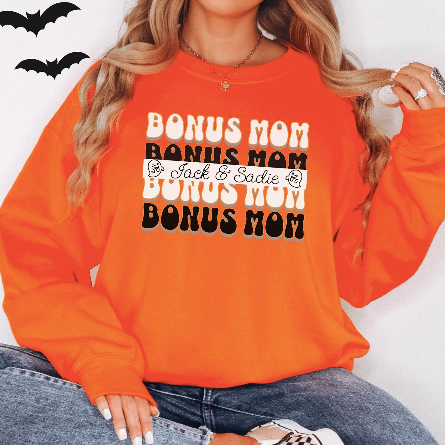 Custom Bonus Mom Stepmom Halloween Sweatshirt Personalized Gift for Step Mother Retro Gift For Bonus Mama Sweatshirt Step Mama Oversized