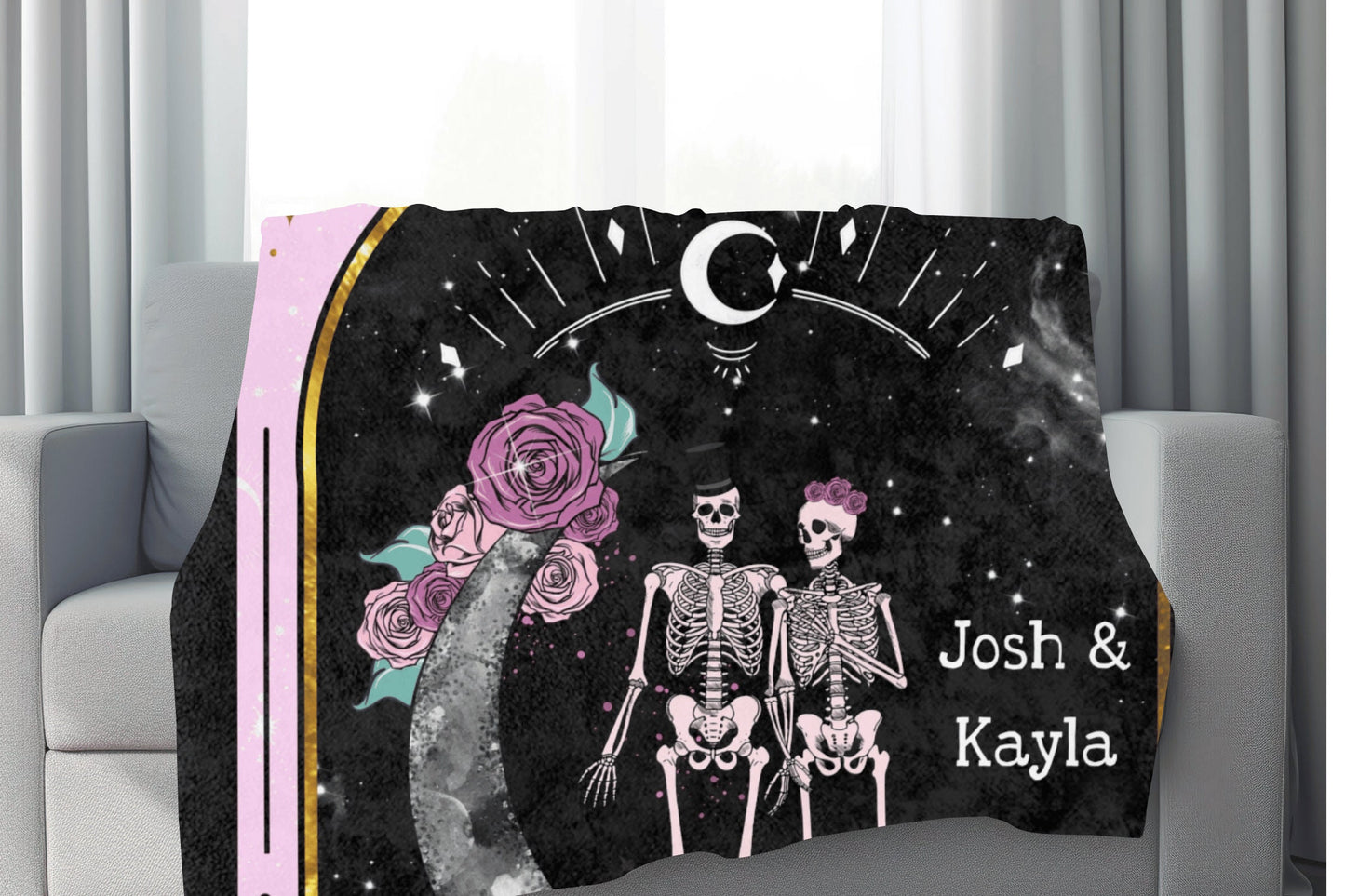 Couples Custom Halloween Skeleton Tarot Card Blanket Gift, Personalized Couple Dating Gift, Couples Gift Custom, Name Blanket Boyfriend Gift