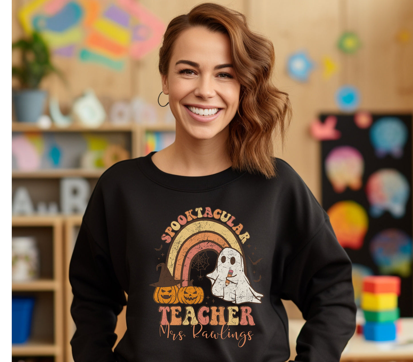 Retro Halloween Teacher Shirt Custom Teachers Name Gift Personal Teacher Halloween Tee Retro Groovy Teacher Shirt Gifted Personalized Shirt