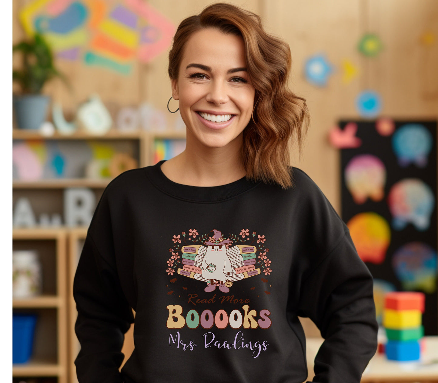 Retro Halloween Teacher Sweatshirt Custom Teacher Name Sweatshirt Personal Teacher Halloween Crewneck Retro Groovy Teacher Gift Personalized