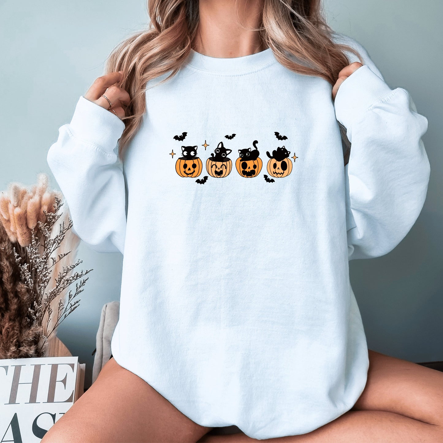 Pumpkin Halloween Crewneck Sweatshirt, Cuteness Halloween Ghost Sweatshirt, Fall Black Cat Gift, Spooky Season Halloween Sweatshirt