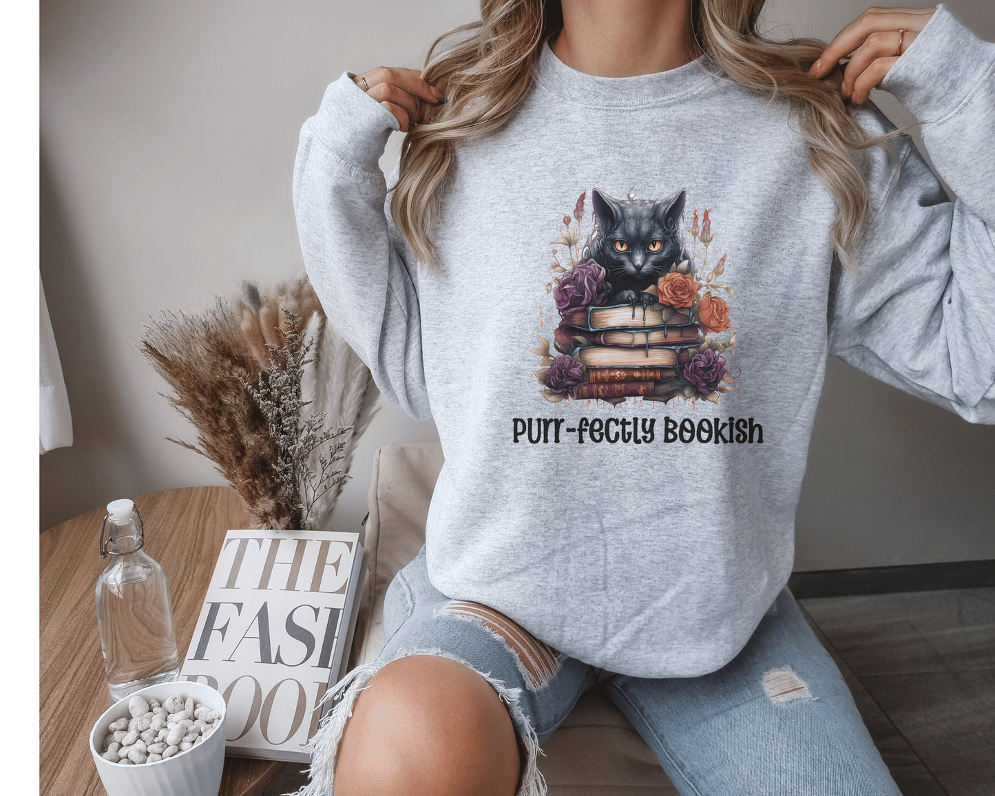 Book Lover Halloween Sweatshirt Black Cat Book Lover Crewneck Book Fully Gifted Dark Academia Kitty Sweater Bookish Aesthetic Whimsi Goth