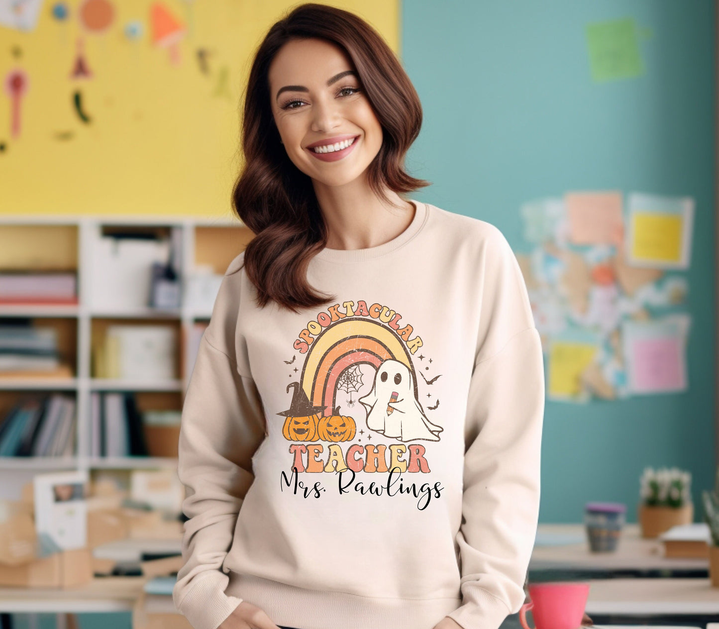 Retro Halloween Teacher Sweatshirt Custom Teacher Name Sweatshirt Personal Teacher Halloween Crewneck Retro Groovy Teacher Gift Personalized