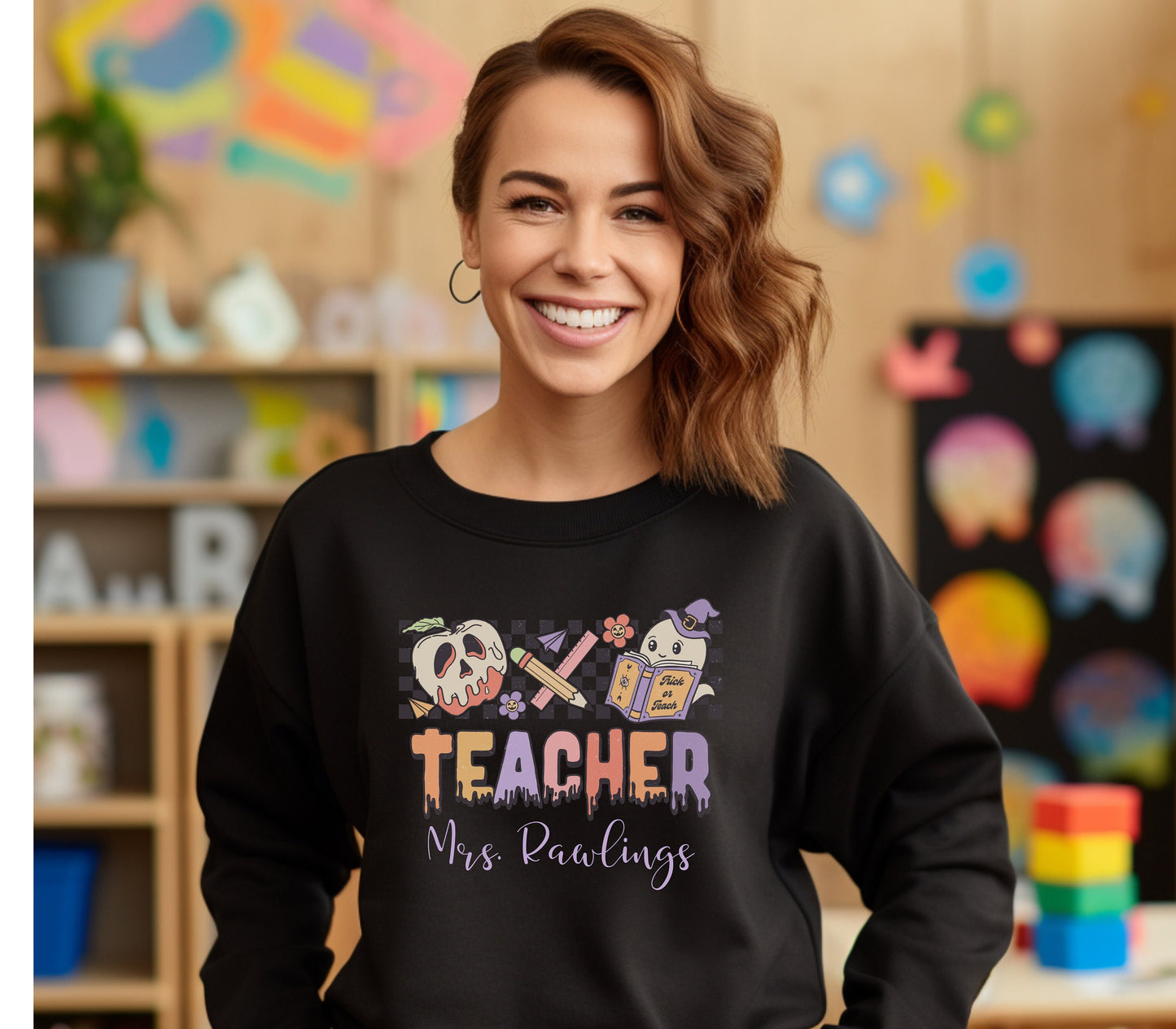 Retro Halloween Teacher Shirt Custom Teachers Name Gift Personal Teacher Halloween Tee Retro Groovy Teacher Shirt Gifted Personalized Shirt