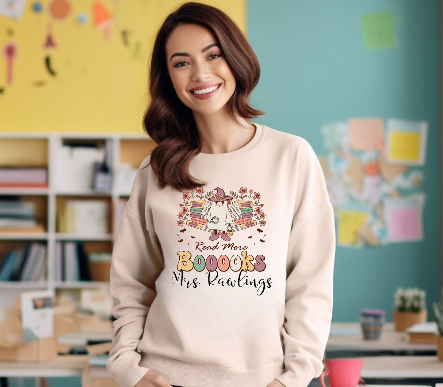 Retro Halloween Teacher Sweatshirt Custom Teacher Name Sweatshirt Personal Teacher Halloween Crewneck Retro Groovy Teacher Gift Personalized