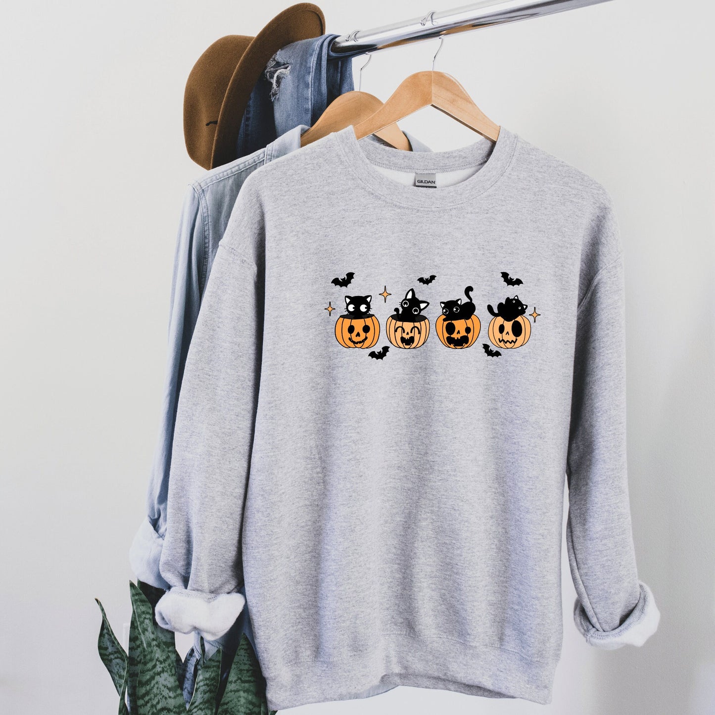 Pumpkin Halloween Crewneck Sweatshirt, Cuteness Halloween Ghost Sweatshirt, Fall Black Cat Gift, Spooky Season Halloween Sweatshirt